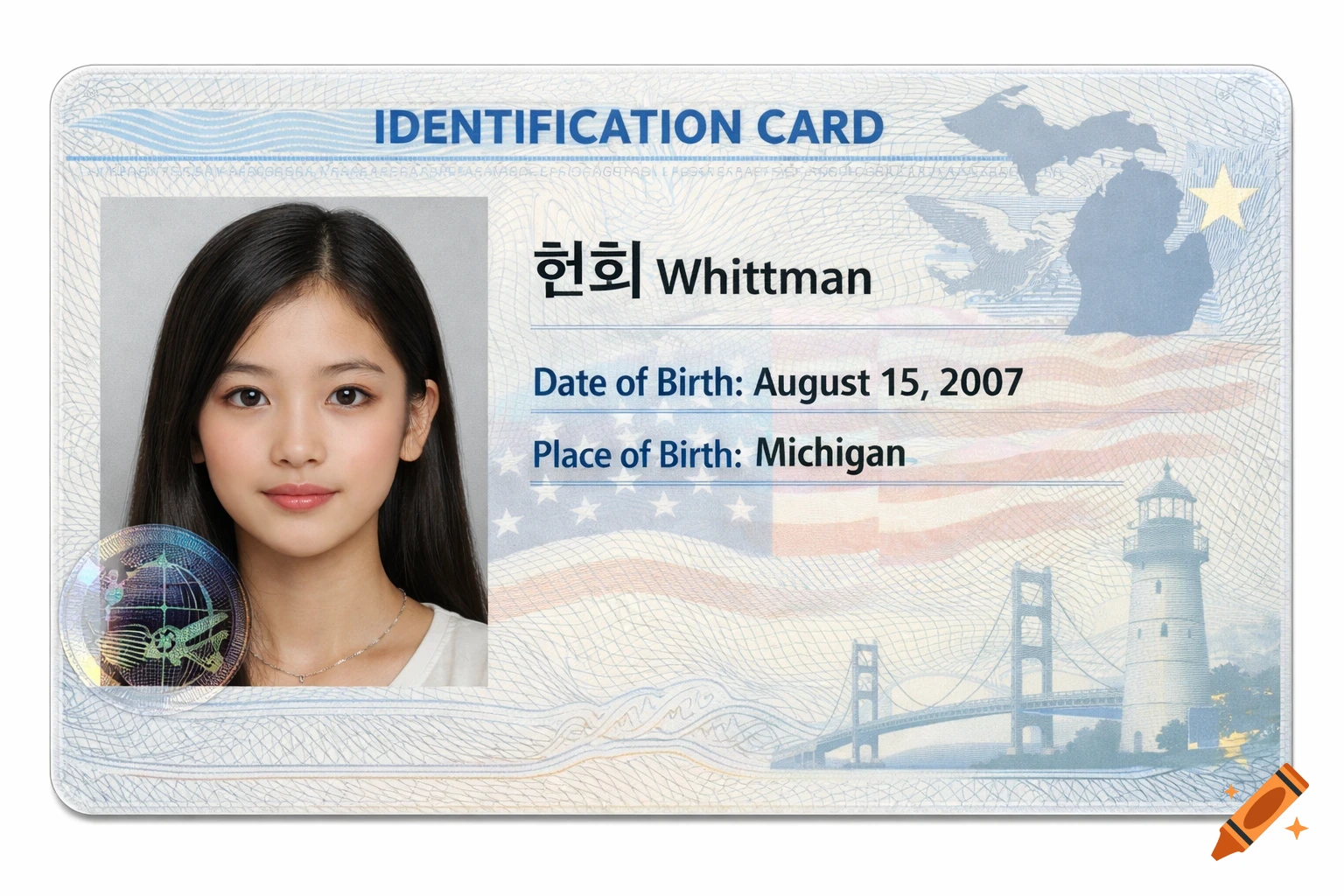 Photorealistic identification card for Hyunhee Whittman, born August 15, 2007 in Michigan, featuring a portrait and background graphics.