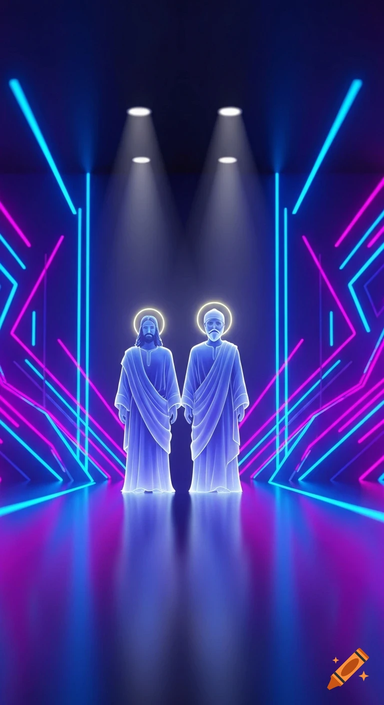 Two glowing, robed figures with halos, resembling Jesus and Prophet Muhammad, stand amidst blue and pink neon geometric lights.