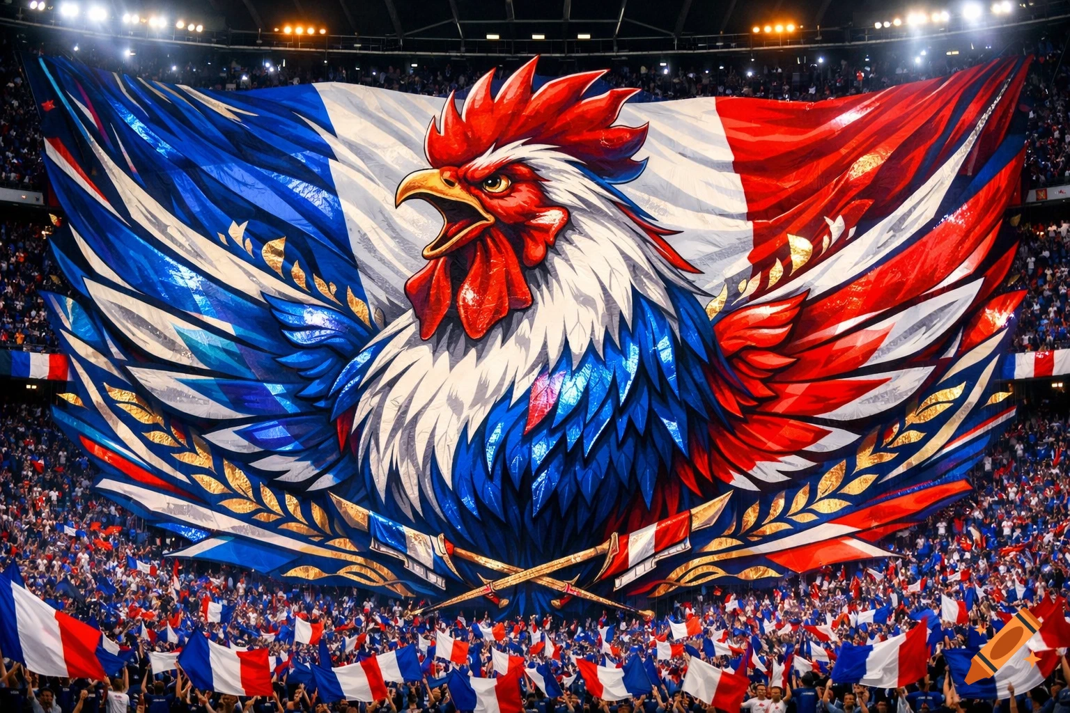 A massive, vibrant tifo banner depicting a stylized rooster in French flag colors, held aloft in a crowded football stadium.