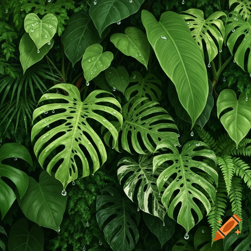 A lush, realistic green wall densely covered with various tropical plants, including Monsteras, Philodendrons, and ferns, with glistening water droplets on the leaves.