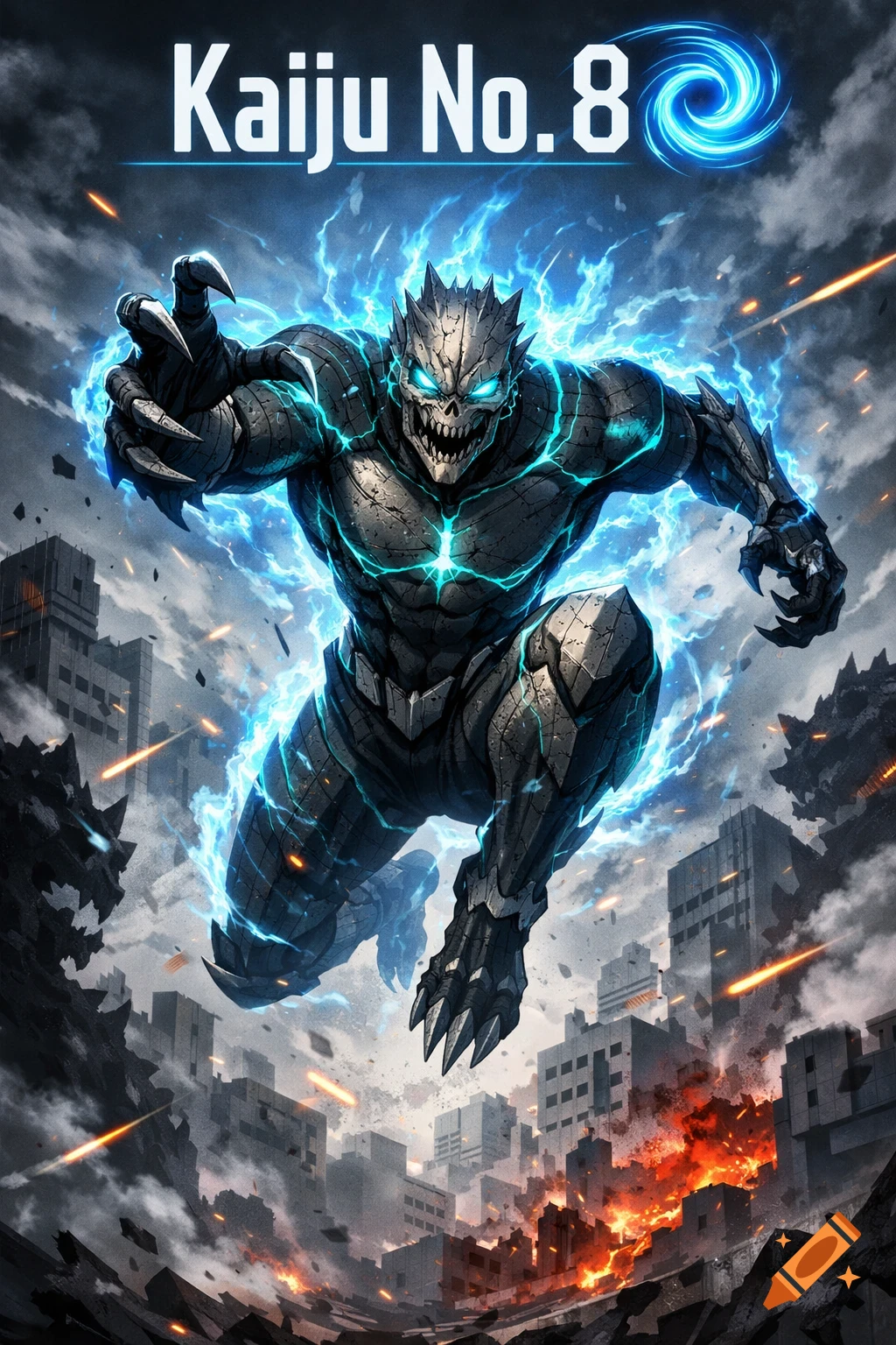 Kaiju No. 8, a monstrous creature, leaps through a destroyed city engulfed in blue energy, anime style.