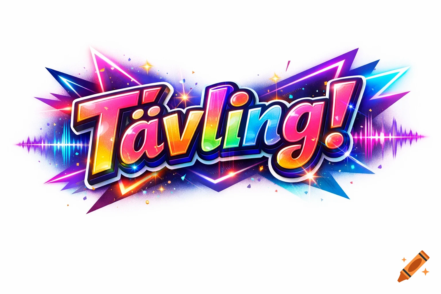 Colorful 3D text "Tävling!" surrounded by vibrant, futuristic sound wave graphics on a white background.