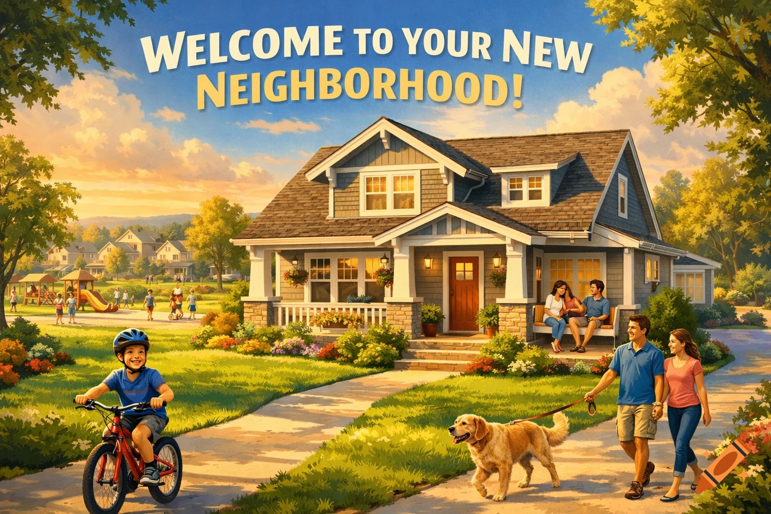 Vibrant illustration of a new neighborhood with a house, families, a boy on a bike, and a couple walking a dog, with text 'WELCOME TO YOUR NEW NEIGHBORHOOD!'