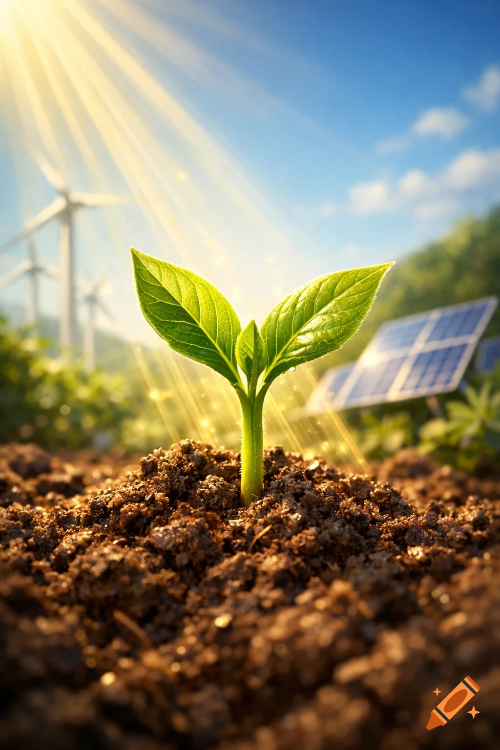 A vibrant green sprout growing in rich soil under warm sun rays, with wind turbines and solar panels in the background.
