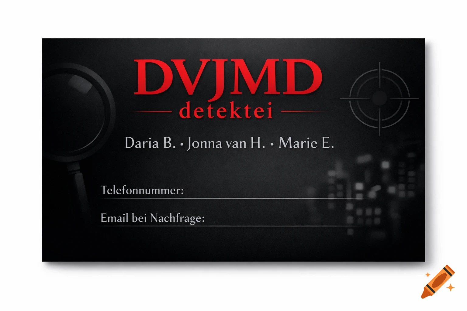 A dark business card for DVJMD detektei, featuring names, contact lines, a magnifying glass, and a target scope.