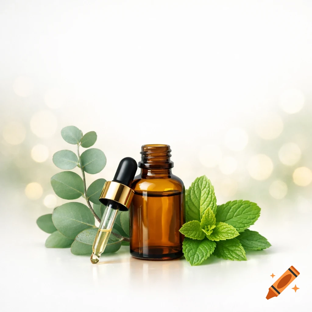 Amber glass dropper bottle with eucalyptus and peppermint leaves on a white background with soft bokeh lights.