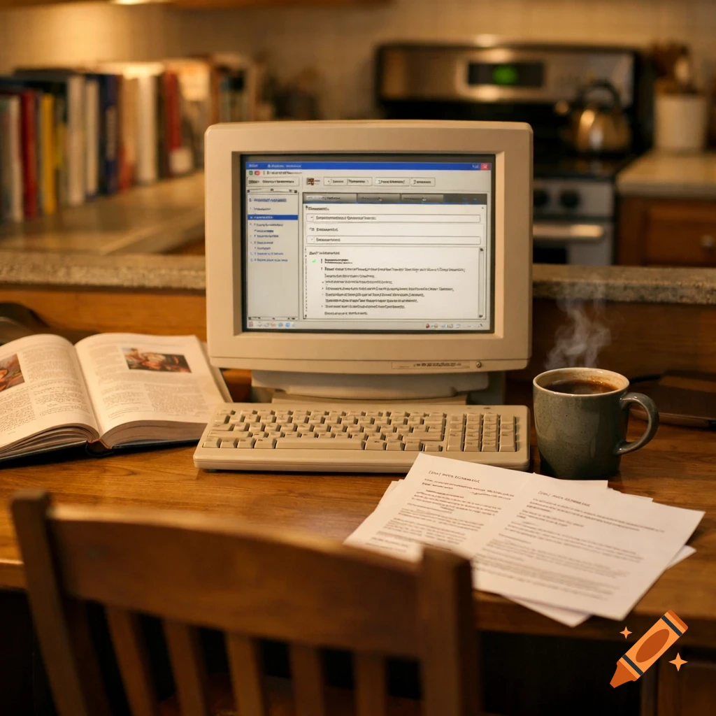 A warm, realistic photograph of a vintage computer, open book, and steaming coffee mug on a wooden desk in a kitchen nook.