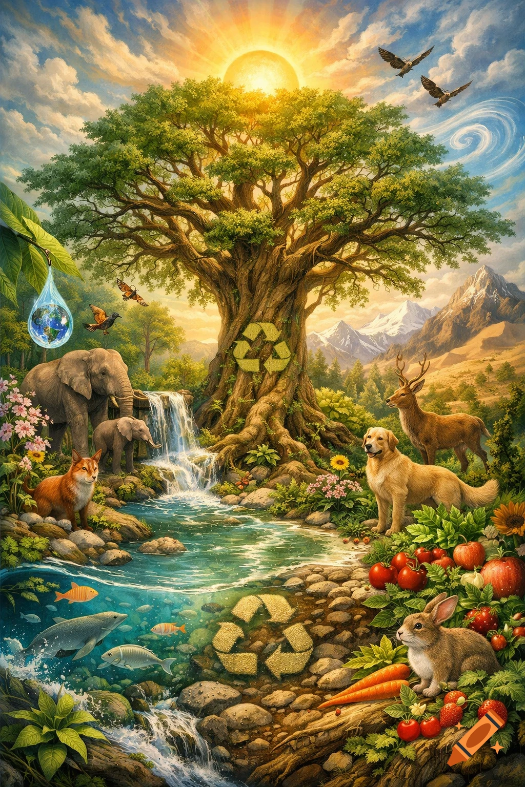 Vibrant painting of a lush ecosystem with a large tree, waterfall, diverse animals, and recycle symbols under a bright sun.