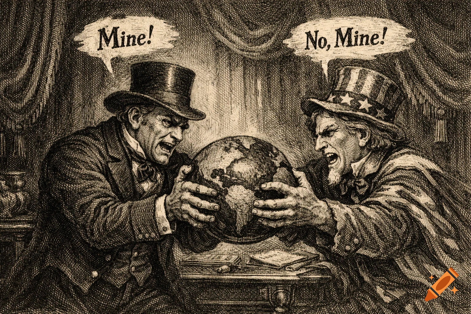 Vintage political cartoon of a British man in a top hat and Uncle Sam tugging on a globe, yelling 'Mine!' and 'No, Mine!'.