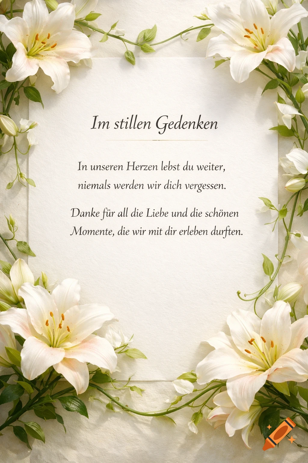 A condolence message in German 'Im stillen Gedenken' on a paper, surrounded by elegant white lilies and green foliage.