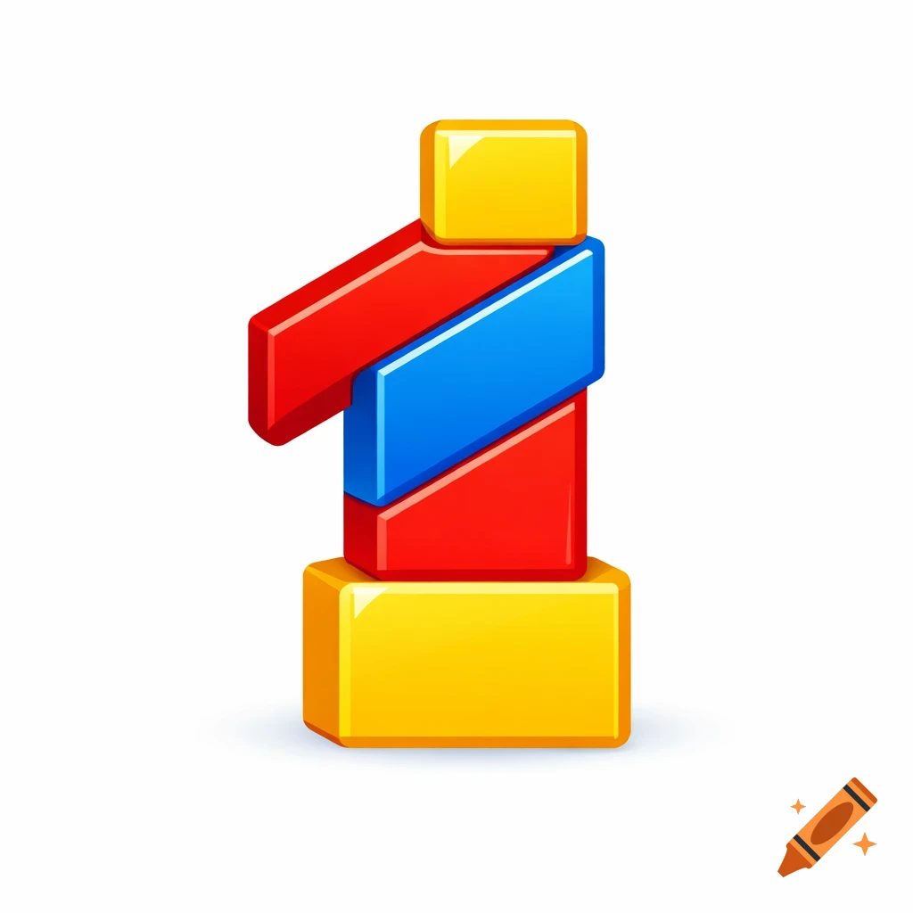 A glossy illustration of the number one formed by interconnected red, blue, and yellow blocks.