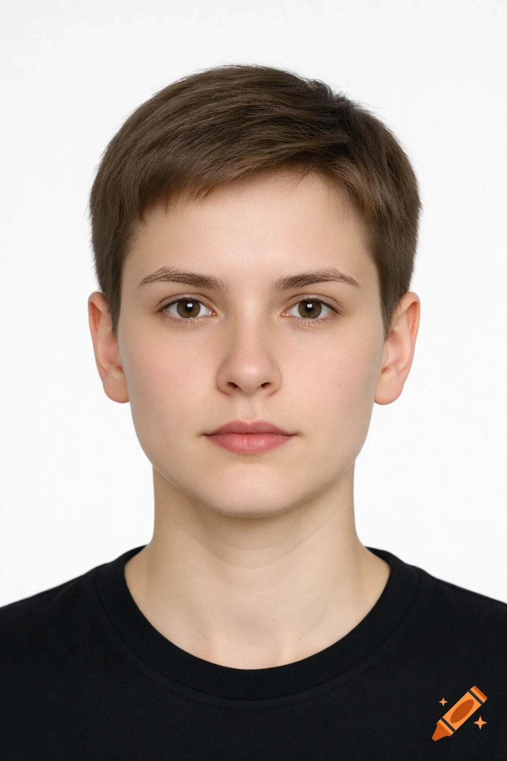 A young person with short brown hair and brown eyes, wearing a black t-shirt, looking directly at the camera against a white background.