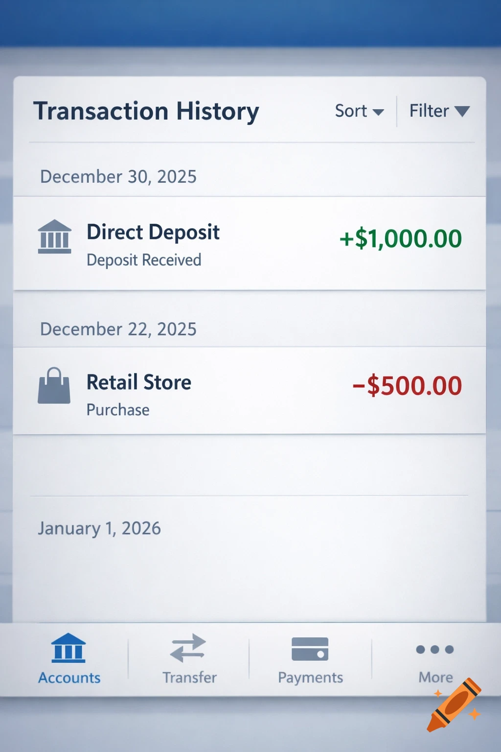 A mobile banking app's transaction history showing a direct deposit of $1,000 and a retail store purchase of $500 in late 2025.