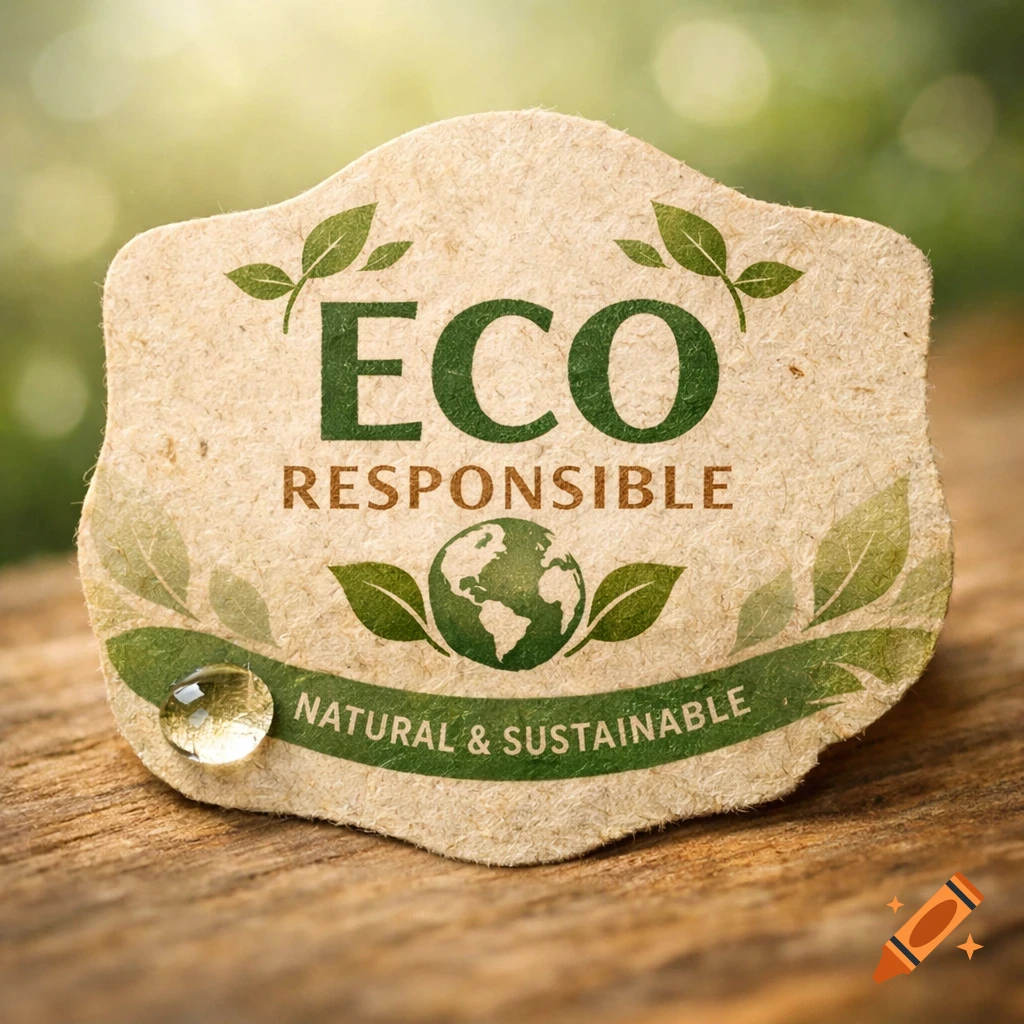 A textured paper eco-responsible label with green text 'ECO RESPONSIBLE', a globe, leaves, and a water droplet on a wooden surface.