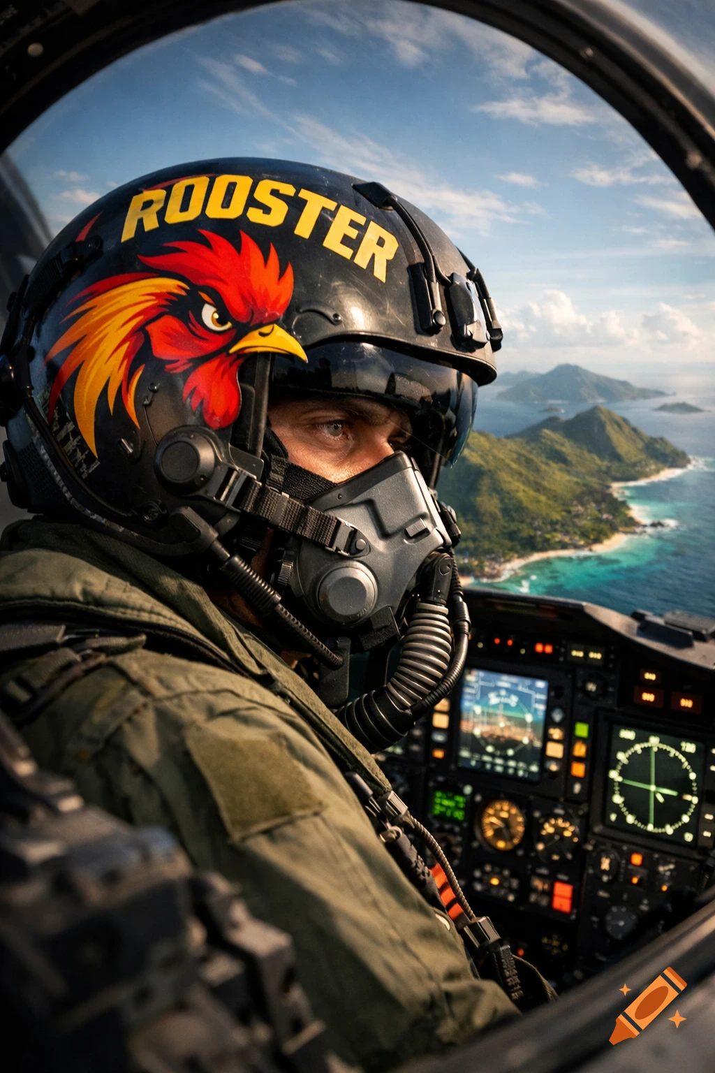 Photorealistic pilot in a jet cockpit, helmet with rooster graphic and 'ROOSTER' text, flying over tropical islands.