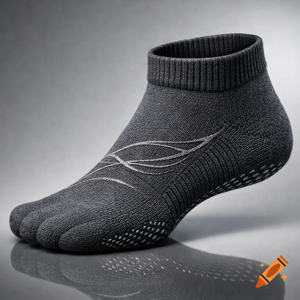 A dark gray ankle toe-sock with white non-slip grips on the sole and silver woven accents on the top, reflecting on a glossy surface.