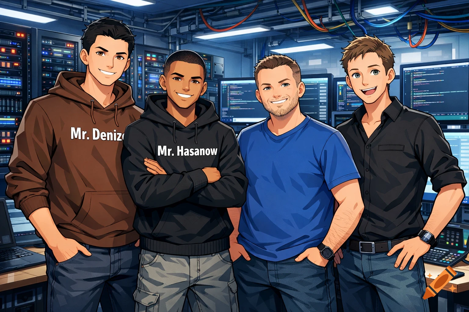 Four anime-style men, two in hoodies with names, stand in a server room filled with glowing IT equipment and monitors.