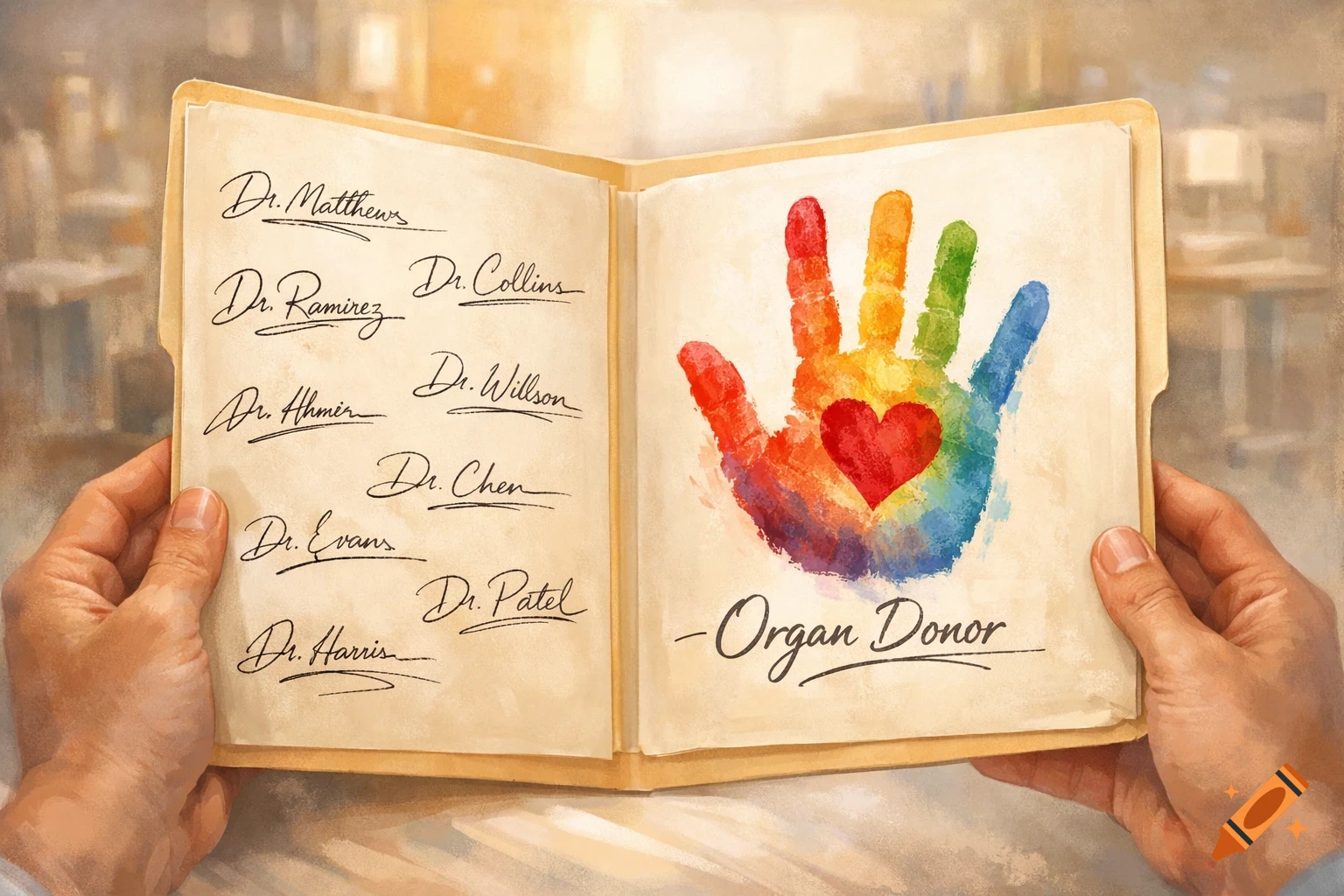 Hands hold an open folder with doctor signatures on the left and a colorful handprint with a red heart and "-Organ Donor" on the right, against a blurred hospital background.