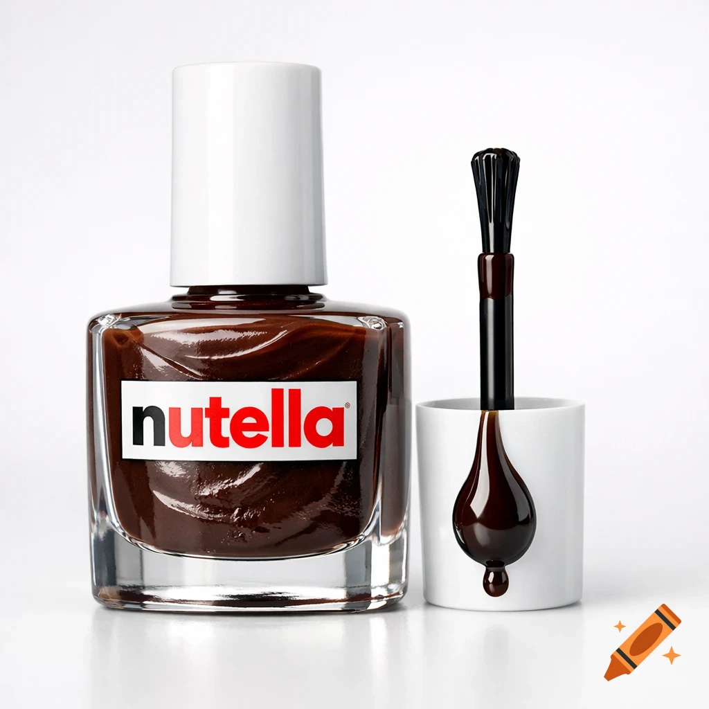 A photorealistic studio shot of a nail polish bottle filled with Nutella, the brush dripping dark chocolate.