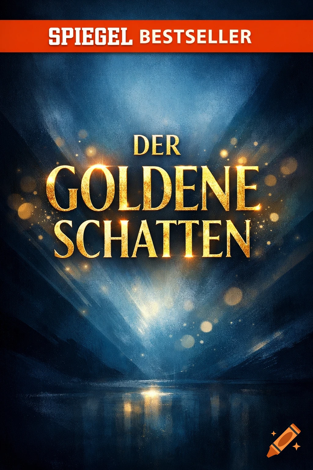 A stylized book cover with glowing gold text reading "DER GOLDENE SCHATTEN" against a dark blue background with radiating light beams and bokeh effects reflected on a calm surface, topped by a red banner with "SPIEGEL BESTSELLER".