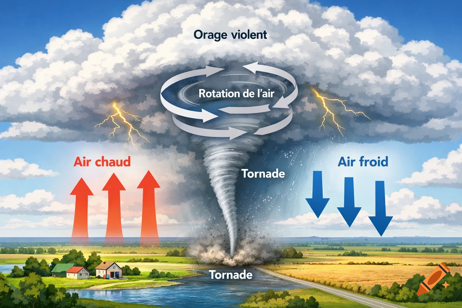Colorful scientific infographic illustrating tornado formation with labels for warm air, cold air, air rotation, and tornado.