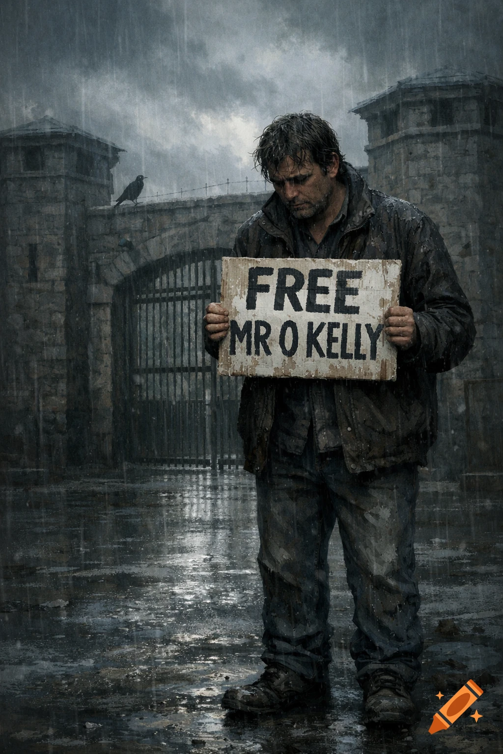 A man in a wet coat stands in heavy rain outside a prison gate, holding a sign that reads 'FREE MR O KELLY'.