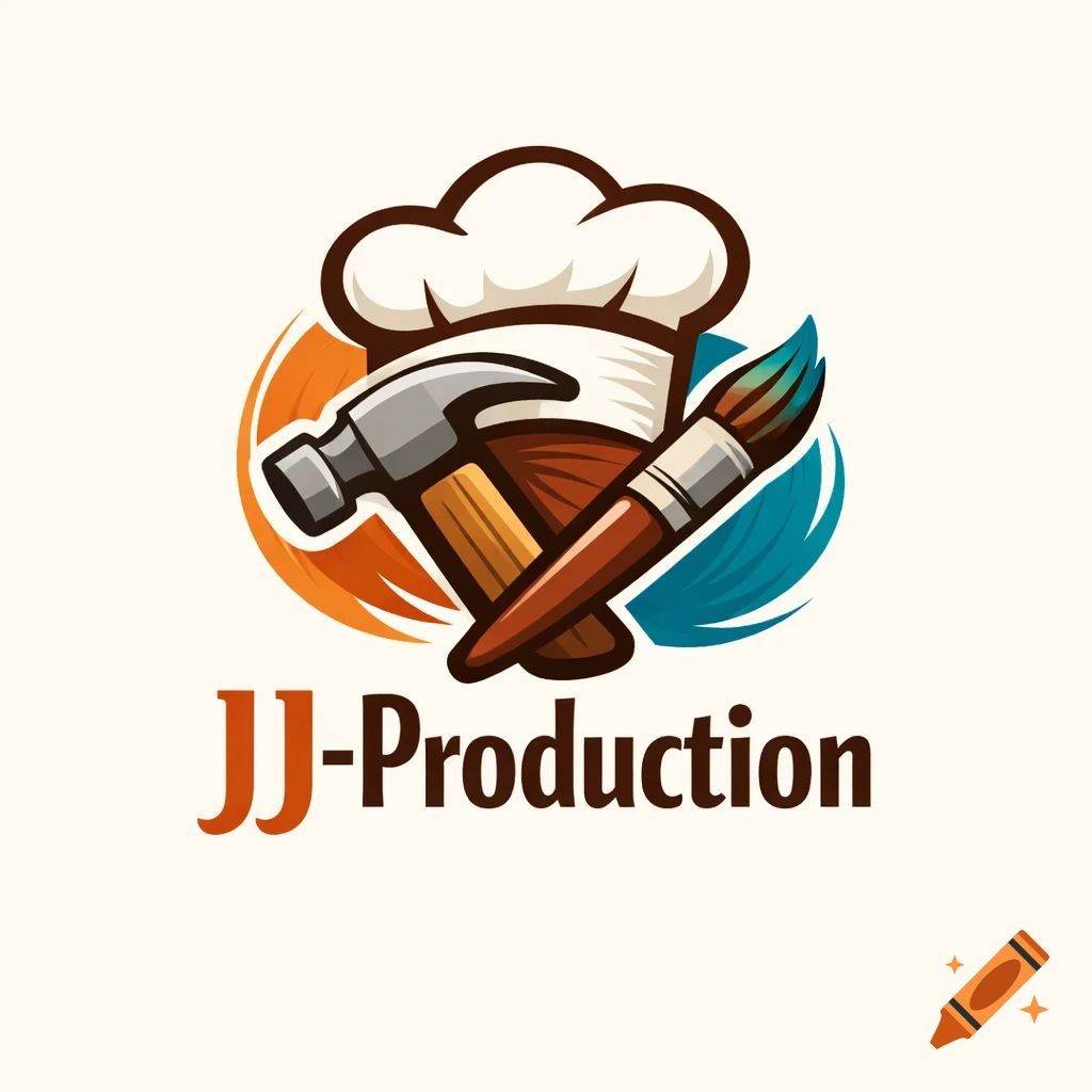 A cartoonish logo with a chef's hat, hammer, and paintbrush, above the text "JJ-Production" on a white background.