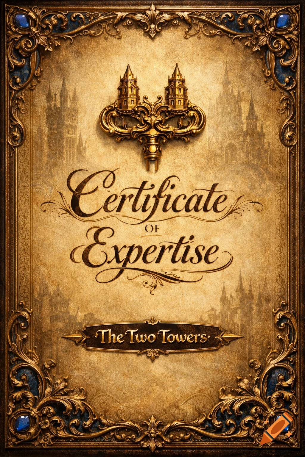 Ornate golden certificate reading 'Certificate of Expertise' and 'The Two Towers', featuring a castle key emblem and framed by blue gems.
