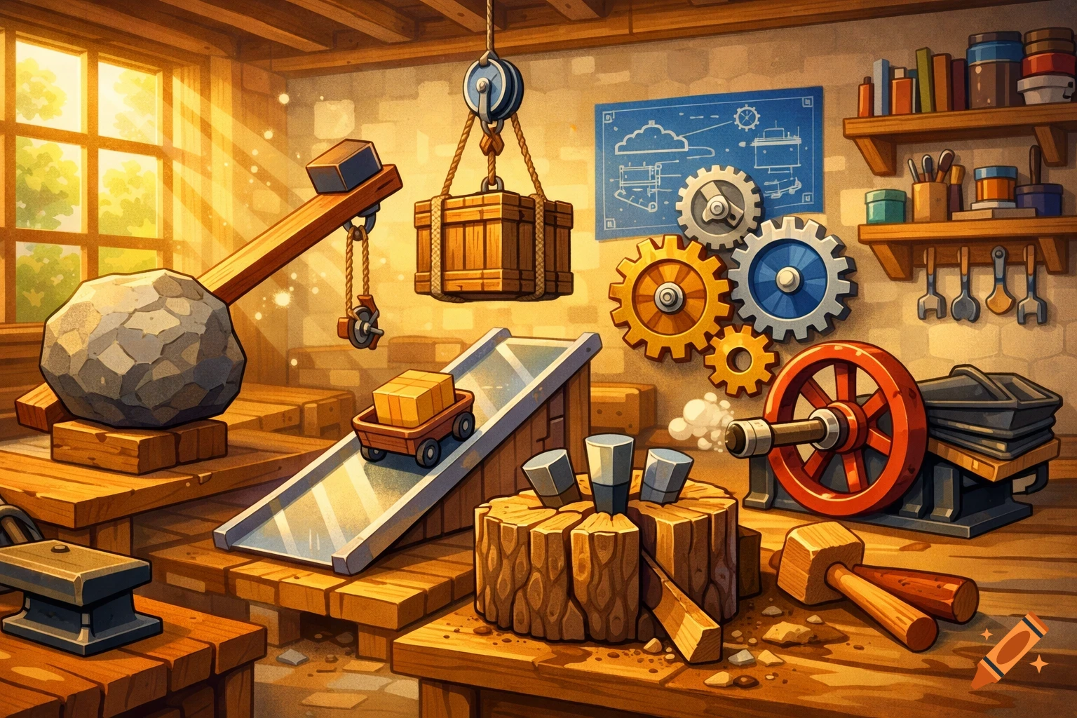 A detailed, brightly lit cartoon workshop filled with various simple machines like a large rock on a lever, a pulley system, and gears.