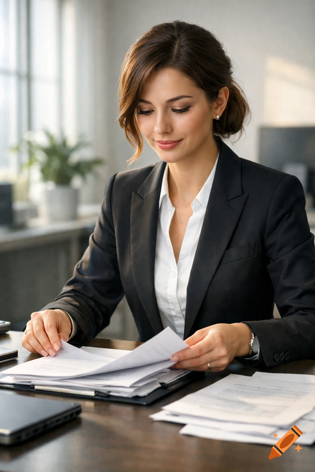 A professional young woman in a black suit and white shirt, looking down intently at documents on a desk in a bright office.