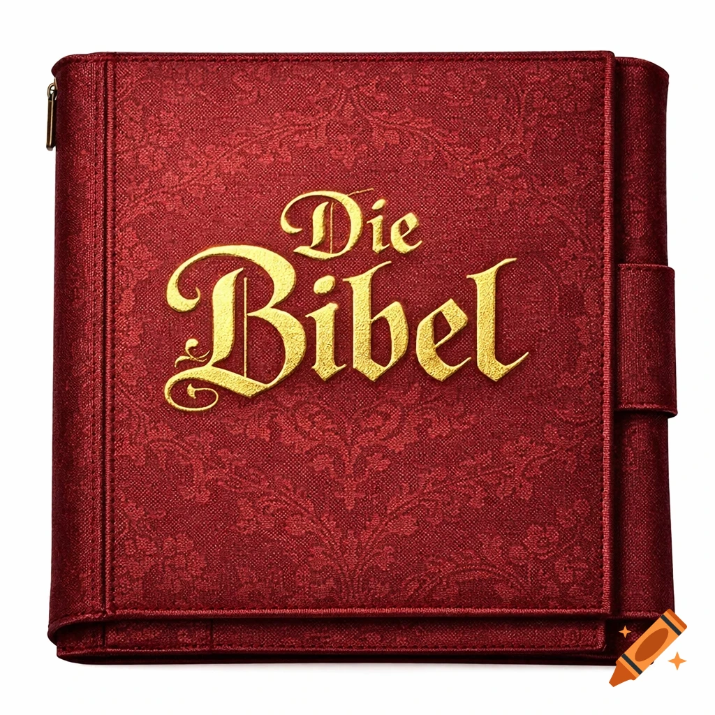 A royal red fabric Bible cover with embossed gold text 'Die Bibel' and a subtle floral pattern.