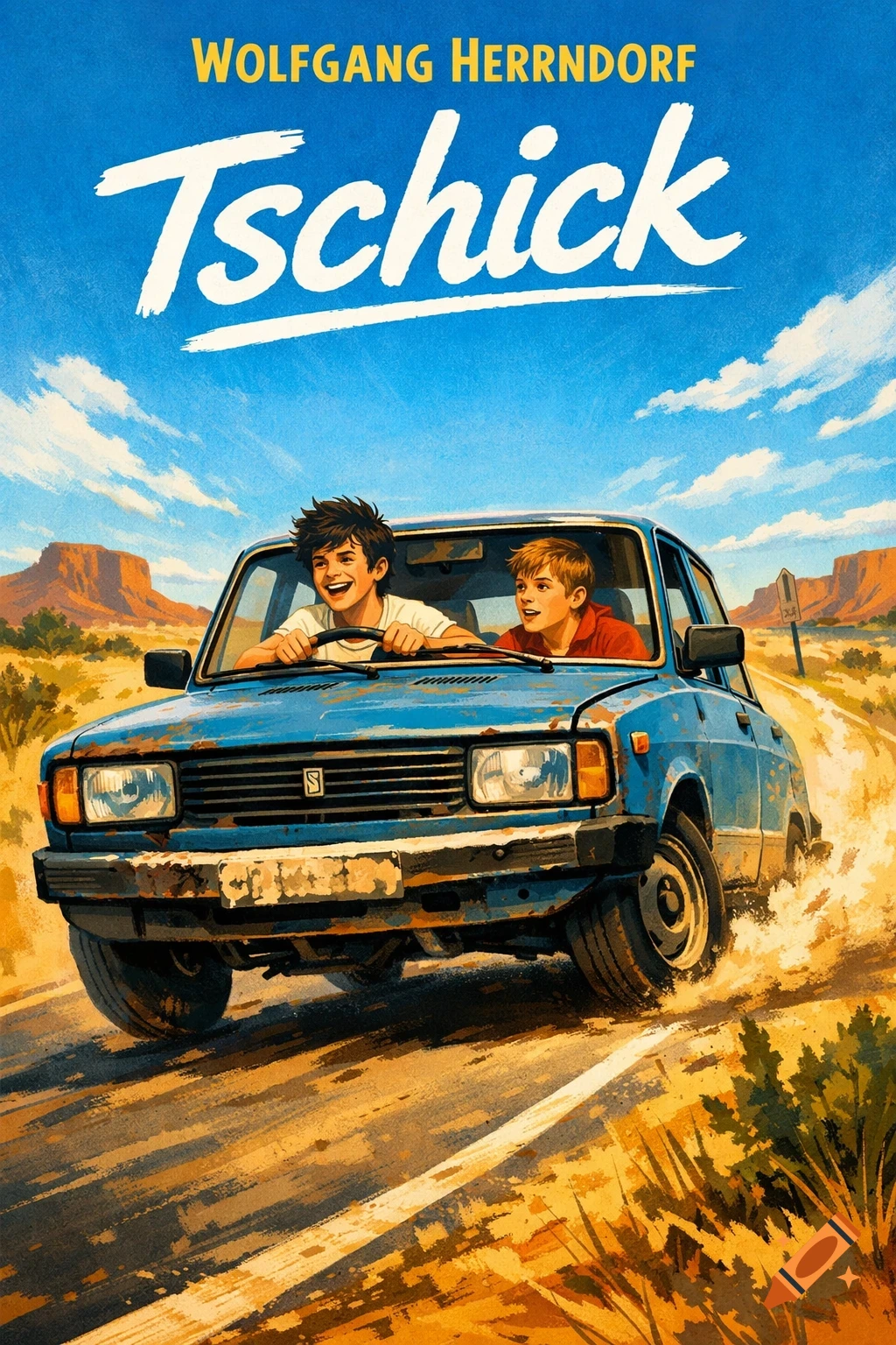 Illustration of two happy boys driving a rusty blue car on a dirt road through a sunny desert, with text 'WOLFGANG HERRNDORF Tschick'.