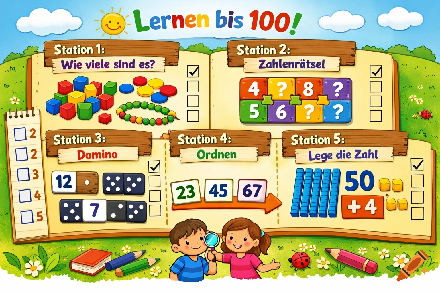 A colorful cartoon educational board game for learning numbers up to 100, with five math stations, diverse number activities, and two smiling children playing.