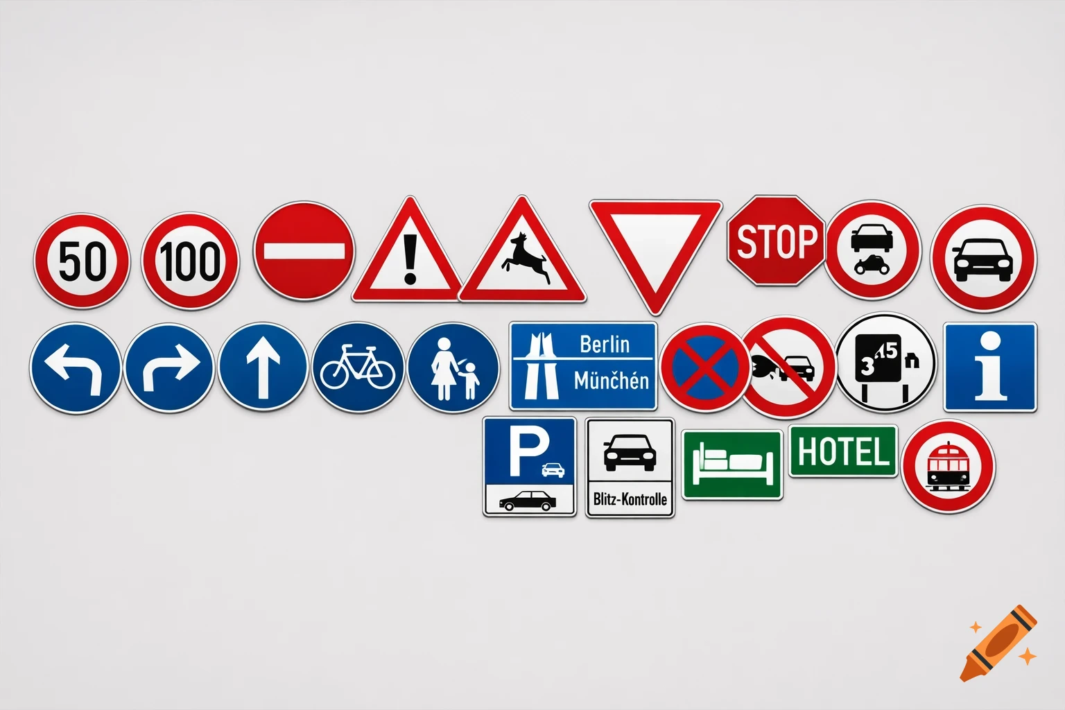 A flat lay collection of various German road and traffic signs, including speed limits, warning signs, and directional signs.
