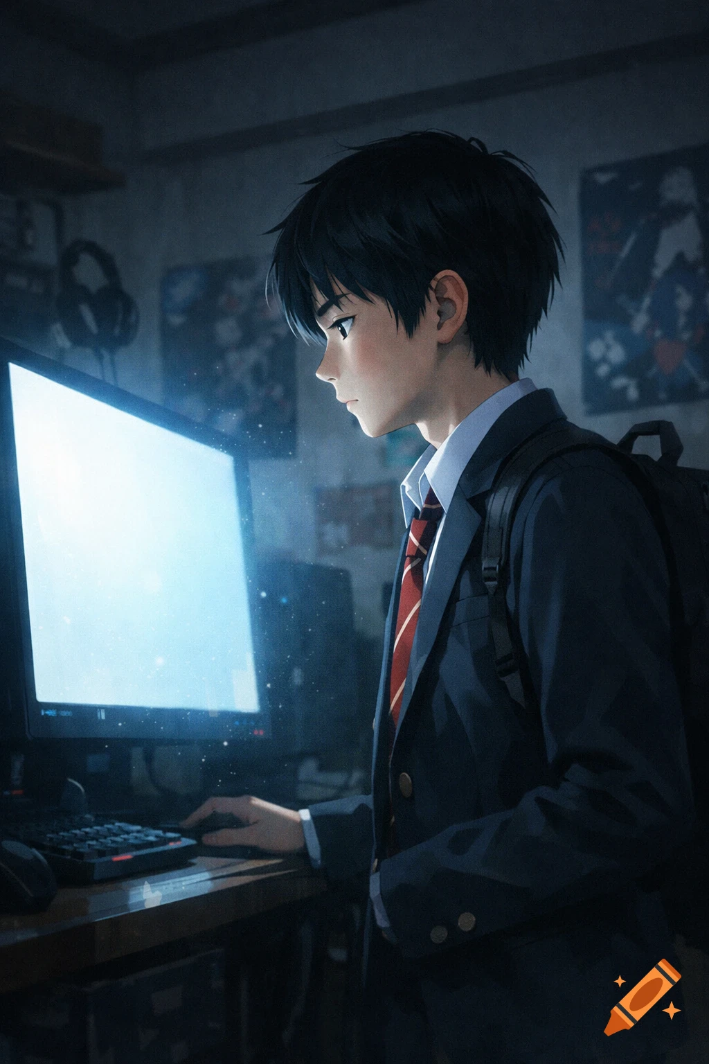 Anime illustration of a young male student in a dark suit and red tie, intently viewing a glowing computer screen in a dimly lit room.