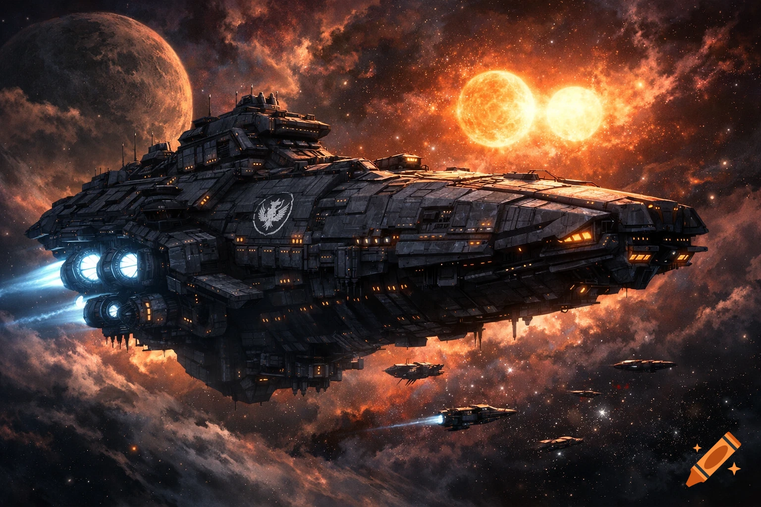 A massive, detailed gray spaceship with glowing blue engines flies through space past a planet, two orange stars, and fiery nebulae.