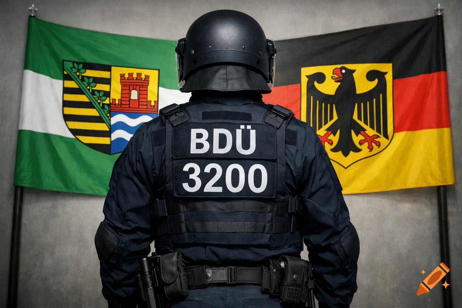 A police officer in riot gear with "BDÜ 3200" on their back, standing in front of the flag of Germany and a green and white flag with a coat of arms. Photorealistic.