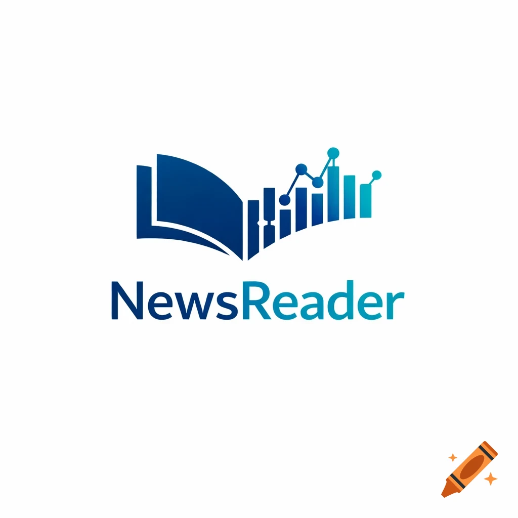 A blue and turquoise logo featuring an open book, a bar graph with a line graph, and the text 'NewsReader'.
