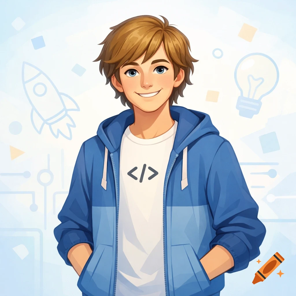 Smiling cartoon boy with brown hair in a blue hoodie and a T-shirt with a code symbol. Light blue background with abstract shapes.