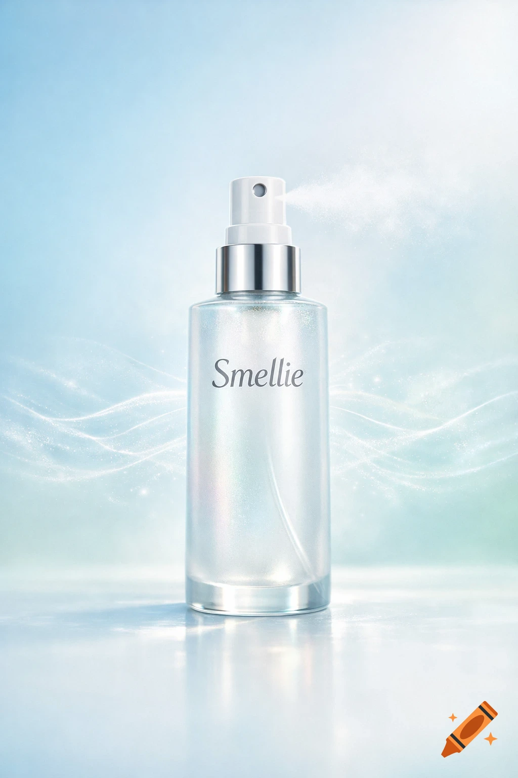 Clear glass fragrance spray bottle labeled 'Smellie' emitting a fine mist against a light blue, ethereal background.