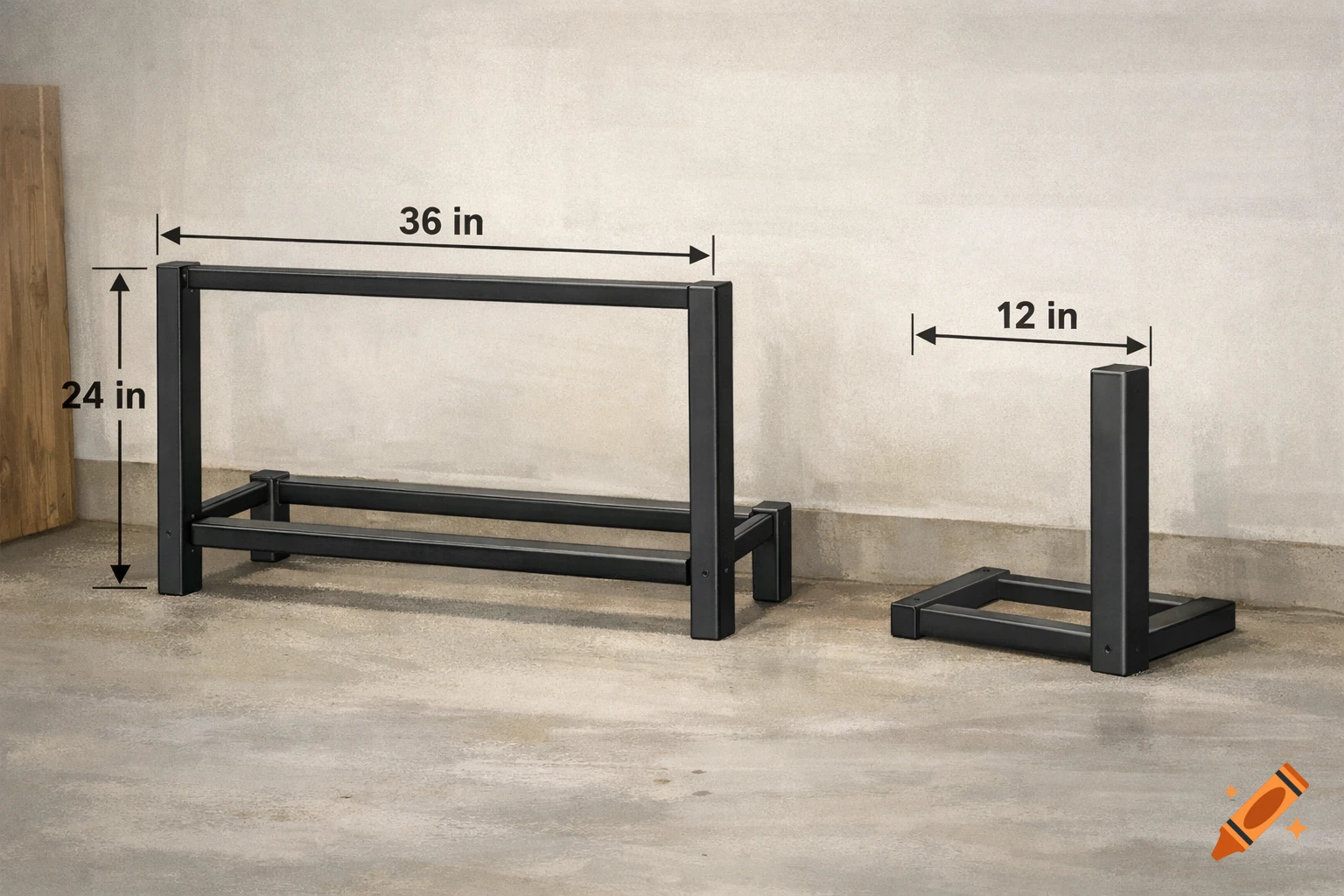 A black metal firewood rack with labeled dimensions of 36x24 inches for the main section and 12 inches for the side section.