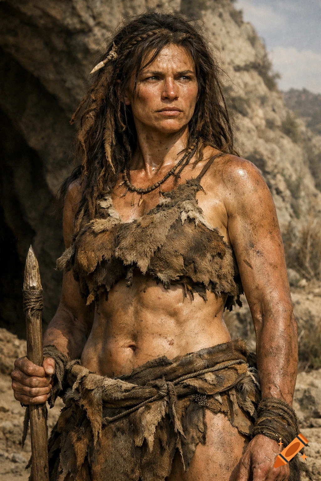 A photorealistic portrait of a strong, dirt-covered woman in prehistoric fur clothing, holding a spear, in a rocky landscape.