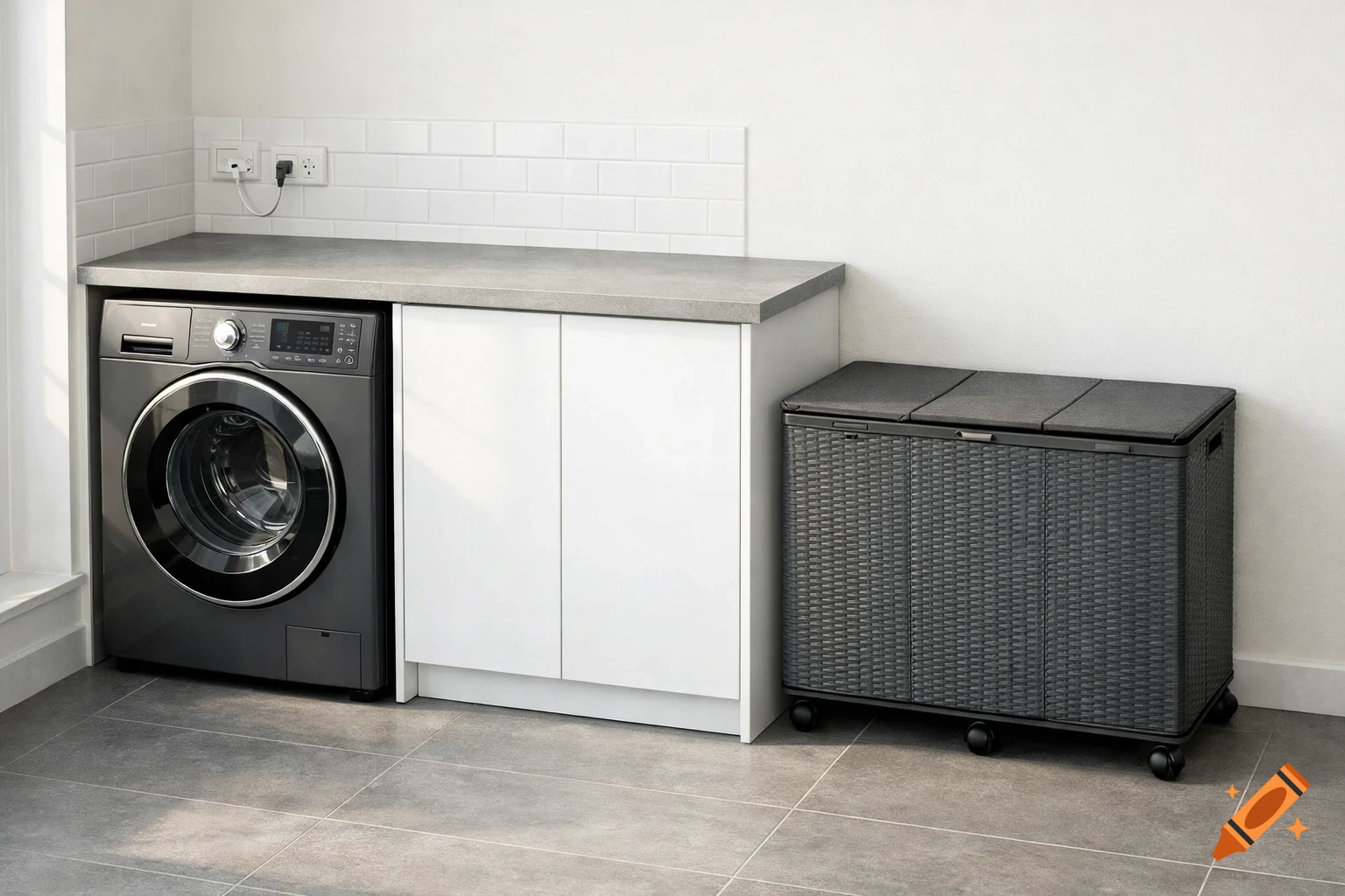 Photorealistic interior view of a modern laundry room with a dark gray washing machine, white cabinet, and a gray rattan-look laundry basket on wheels.