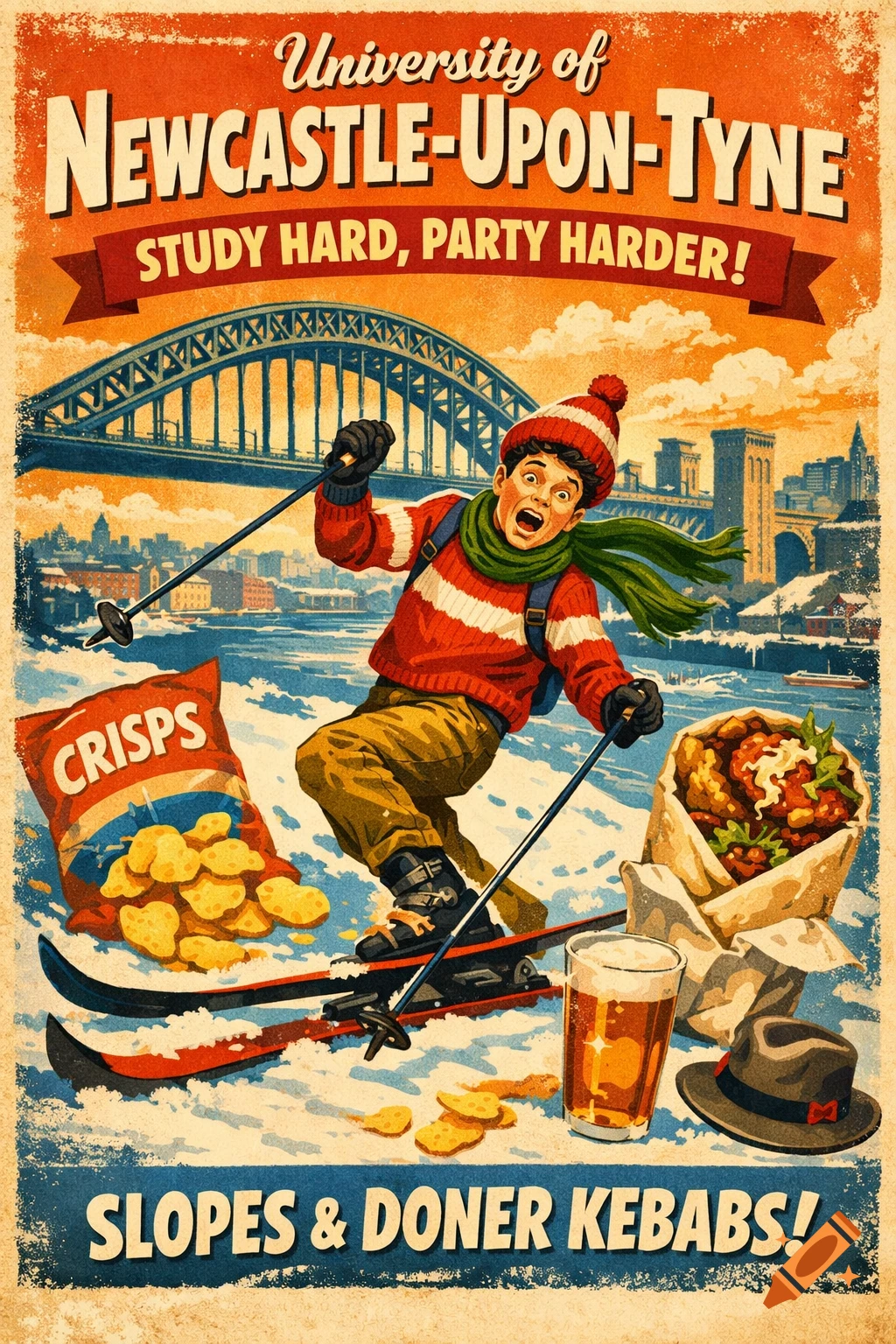 A humorous retro poster depicts a student skiing down snowy slopes with Newcastle's Tyne Bridge in the background. Bags of crisps, a doner kebab, and a pint of beer are on the snow. Text reads: "University of Newcastle-Upon-Tyne, Study Hard, Party Harder! Slopes & Doner Kebabs!"