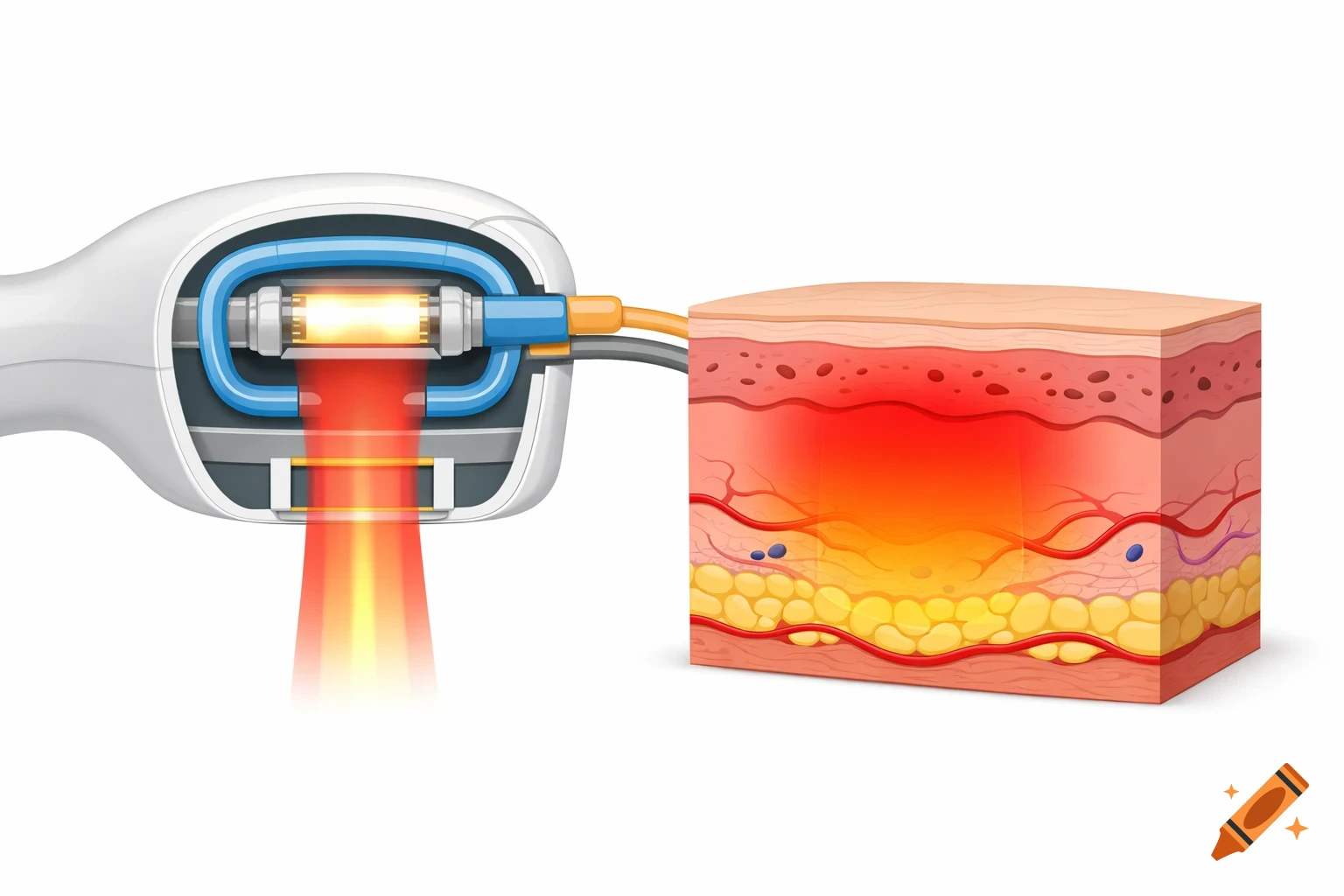 Cross-section of an IPL device emitting light into skin layers, showing heat penetration and internal cooling mechanisms.