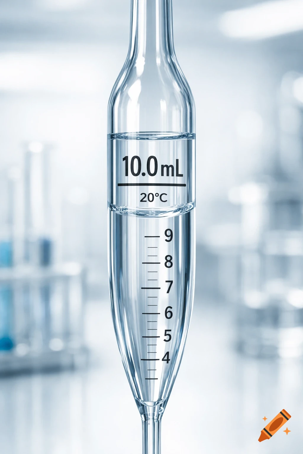 A close-up of a clear glass graduated pipette filled with liquid, showing 10.0 mL and 20 RC markings in a lab.