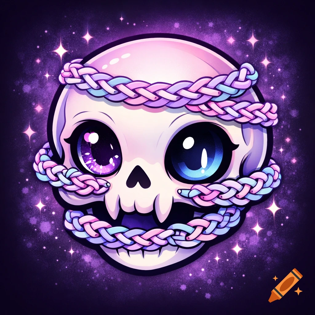 A cute, stylized pastel skull with large, colorful eyes and braided loom bracelets on a sparkling purple background.