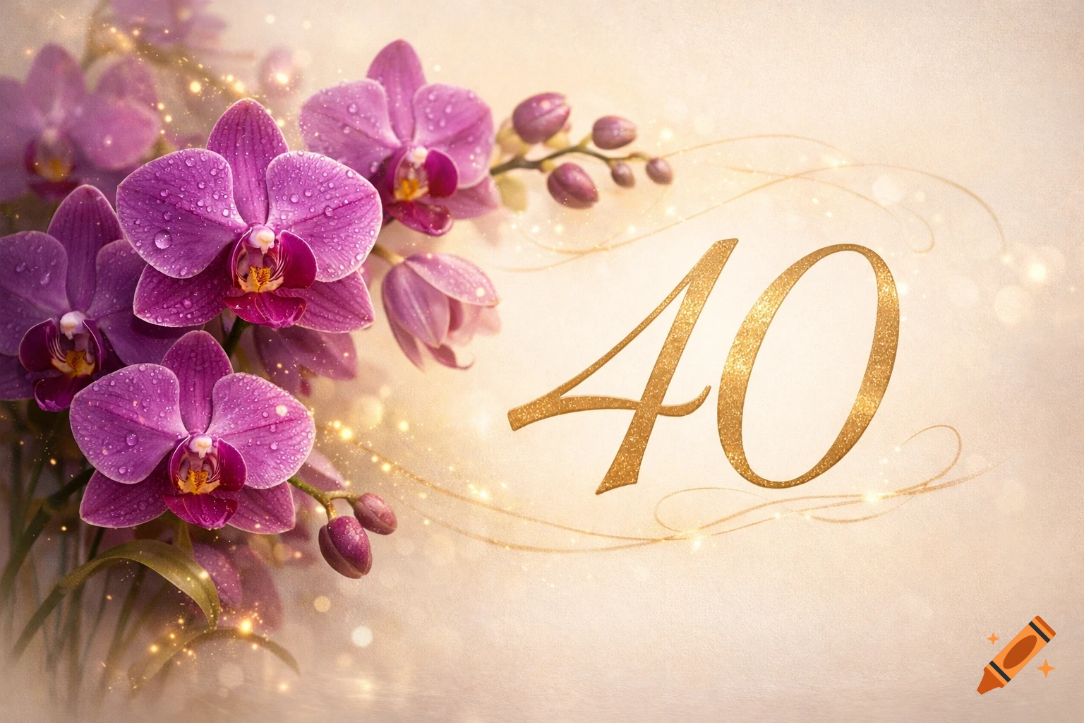 Vibrant purple orchids with water droplets, alongside a large, glittery gold number '40' on a soft, glowing background.
