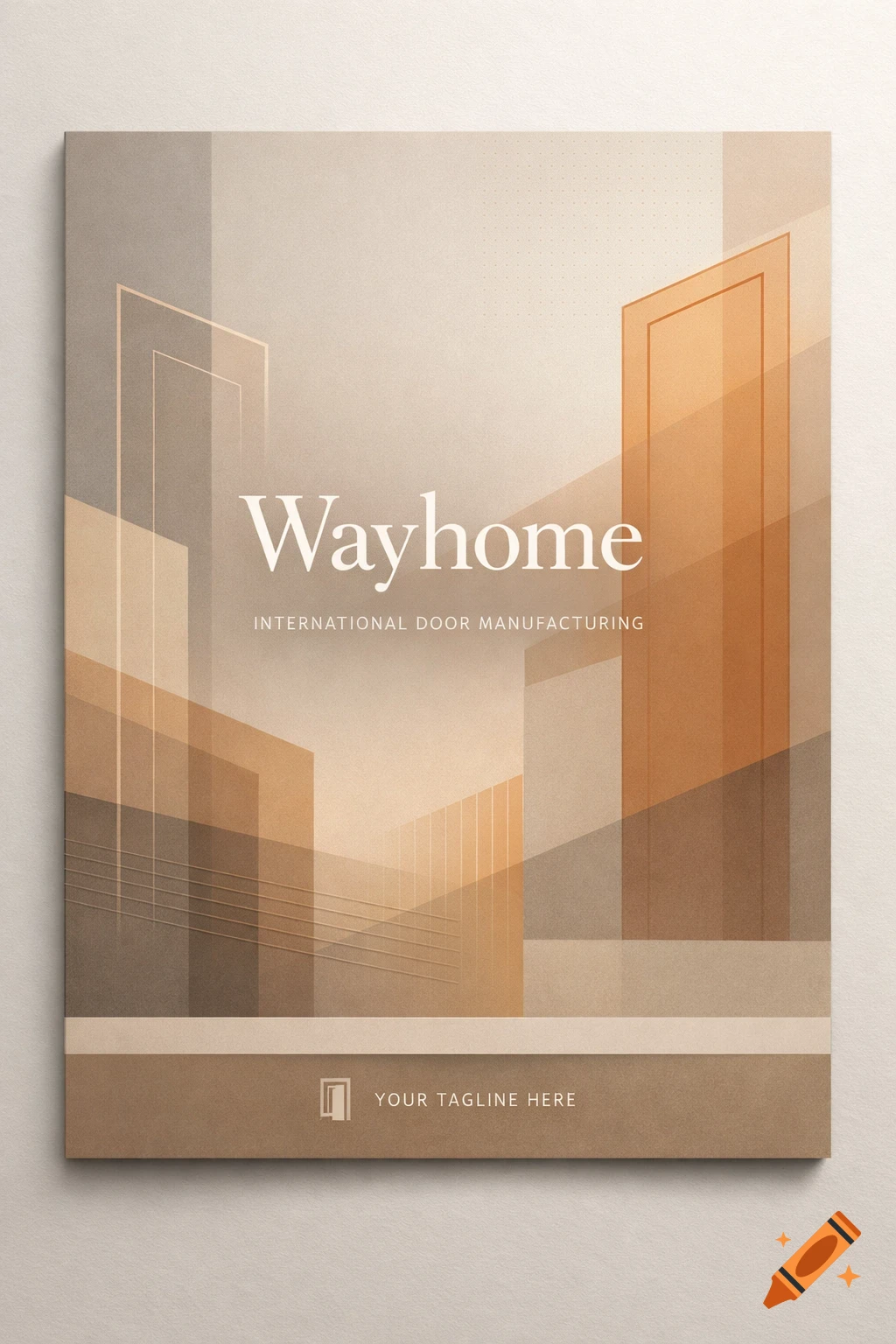 Modern minimalist brochure cover for Wayhome, featuring abstract architectural lines and geometric door outlines in warm gray, beige, and soft orange tones.