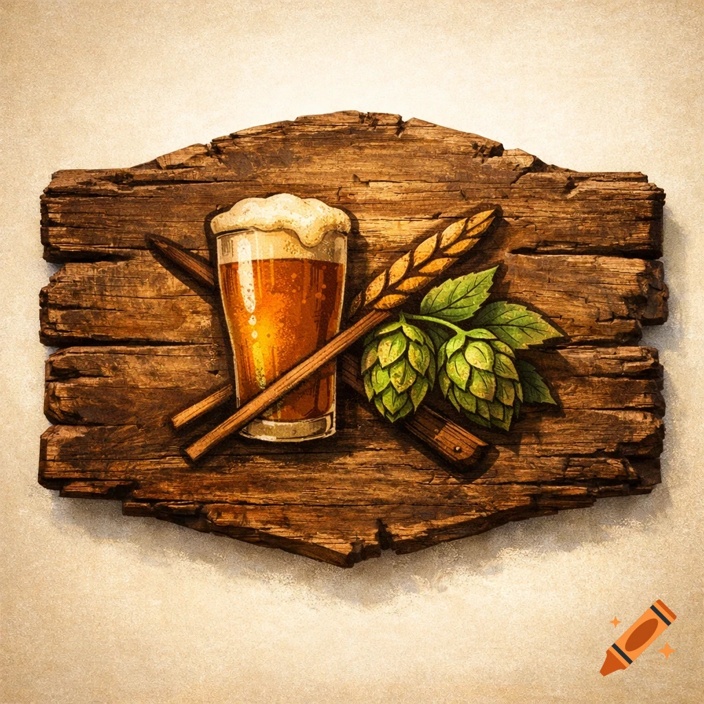 Rustic wooden sign featuring a frothy glass of beer, green hops, and golden wheat stalks.